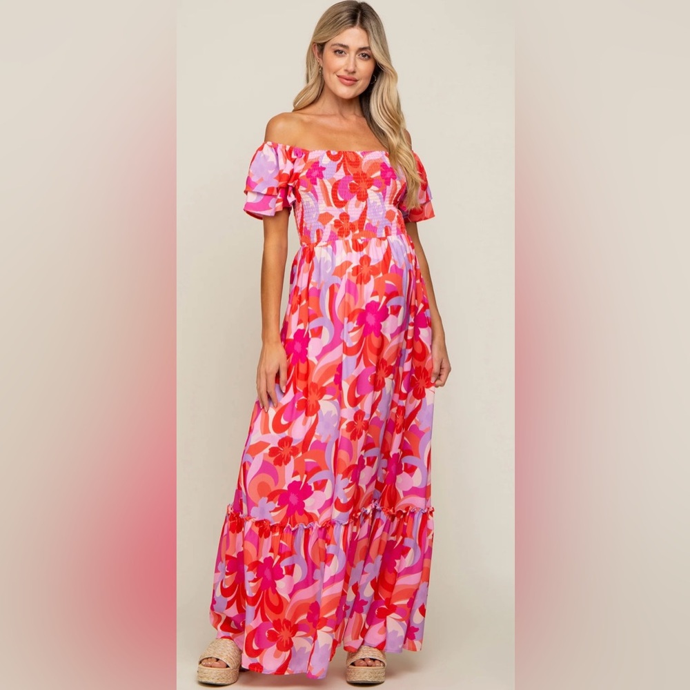 PinkBlush Floral Smocked Ruffle Short Sleeve Maternity Maxi Dress
